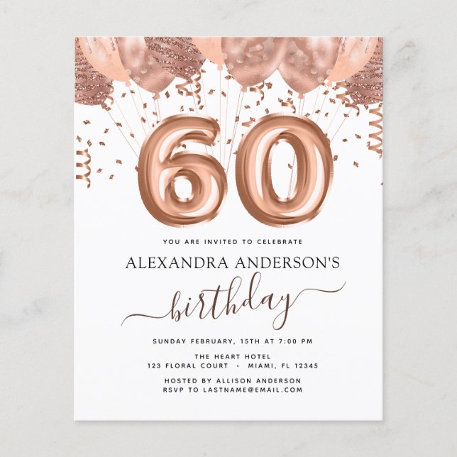 Budget Rose Gold Balloons 60th Birthday Party Flyer (Front)