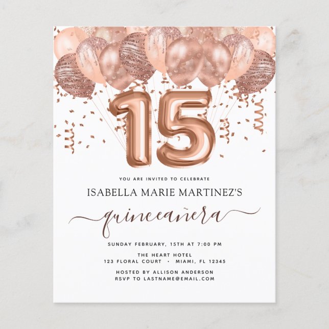 Budget Rose Gold Balloons Quinceañera Celebration Flyer (Front)