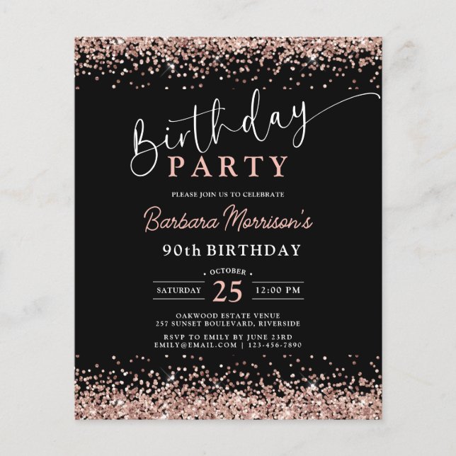 Budget Rose Gold Black Any Age 90th Birthday Flyer (Front)