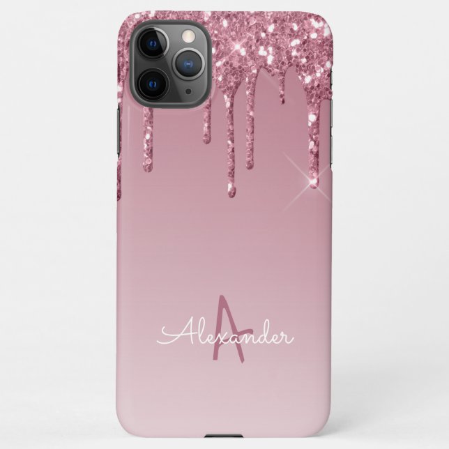Budget Rose Gold Dripping Glitter Monogram Named iPhone Case (Back)