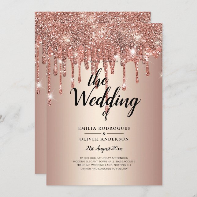 Budget Rose Gold Dripping Glitter WEDDING Invite (Front/Back)