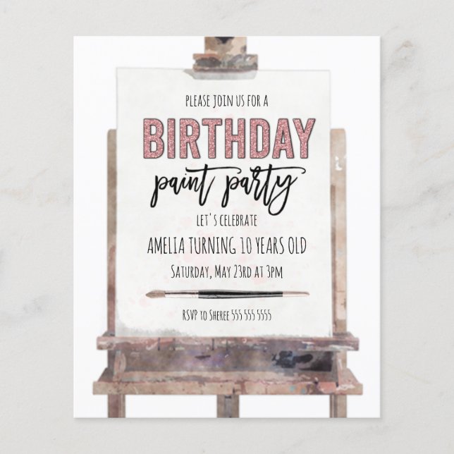 Budget Rose Gold Easel Paint Kids Birthday Invite (Front)