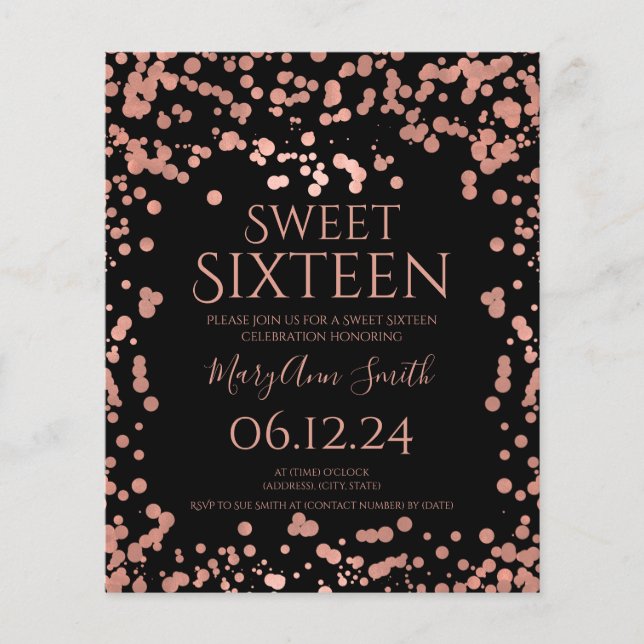 Budget Rose Gold Foil Confetti Sweet 16 Black  (Front)