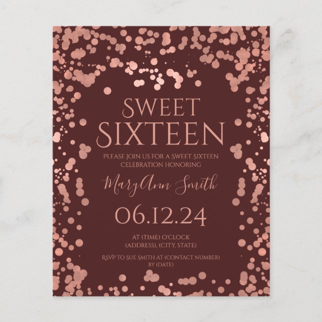 Budget Rose Gold Foil Confetti Sweet 16th Burgundy Flyer (Front)