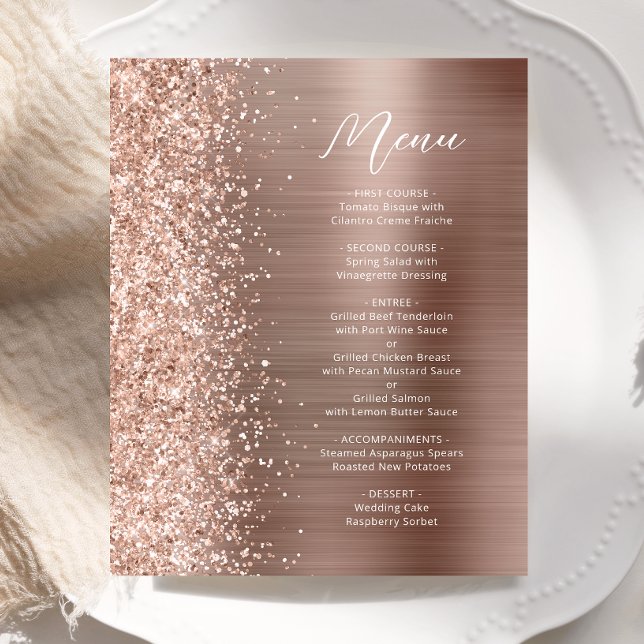 Budget Rose Gold Glam Glitter Script Wedding Menu (Creator Uploaded)