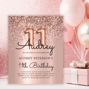Budget Rose Gold Glitter 11th Birthday Invitation