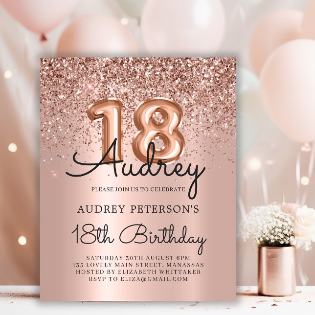 Budget Rose Gold Glitter 18th Birthday Invitation (Creator Uploaded)