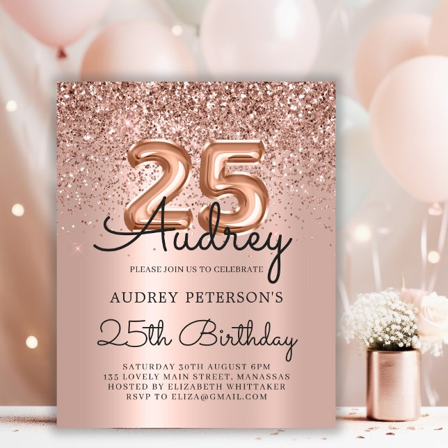 Budget Rose Gold Glitter 25th Birthday Invitation (Creator Uploaded)