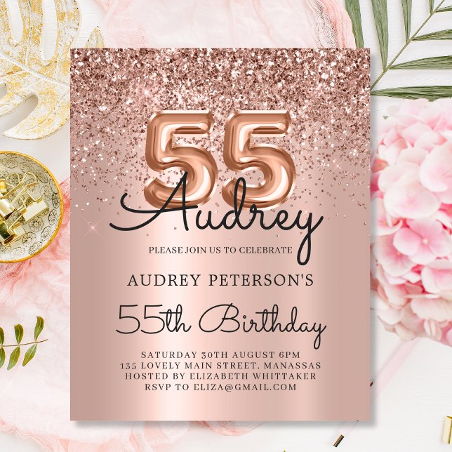 Budget Rose Gold Glitter 55th Birthday Invitation (Creator Uploaded)