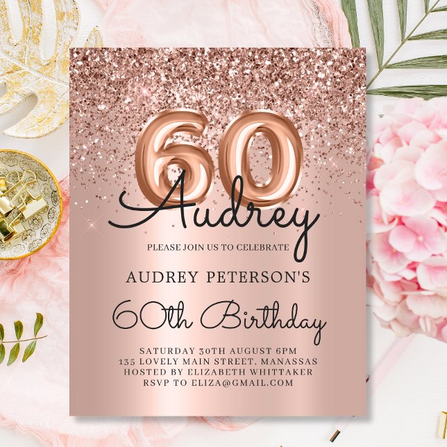 Budget Rose Gold Glitter 60th Birthday Invitation (Creator Uploaded)