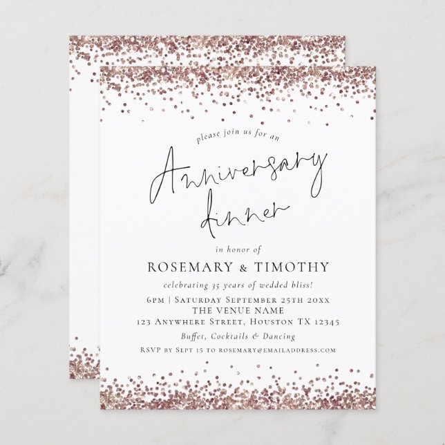 Budget Rose Gold Glitter Anniversary Dinner Invite (Front/Back)