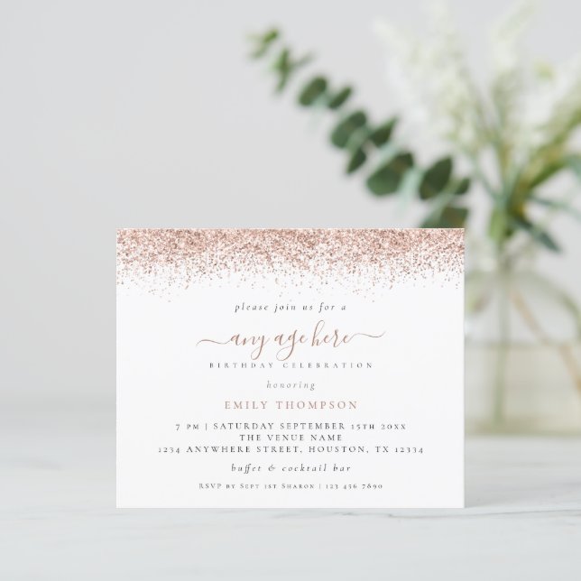 Budget Rose Gold Glitter Any Age Birthday Invite (Standing Front)