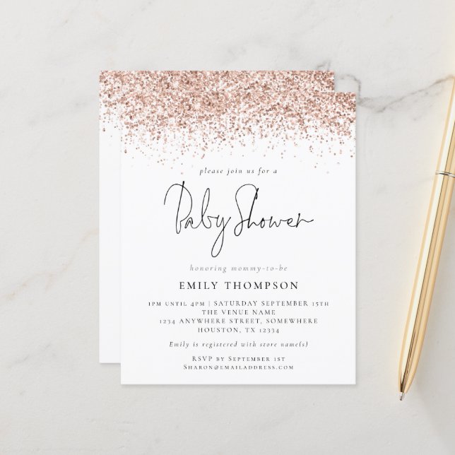 Budget Rose Gold Glitter Baby Shower Invitation (Front/Back In Situ)