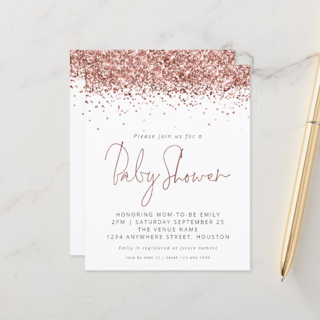 Budget Rose Gold Glitter Baby Shower Invite (Front/Back In Situ)