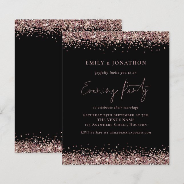 BUDGET Rose Gold Glitter Black Evening Invite (Front/Back)