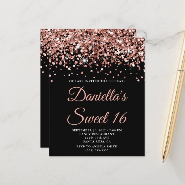 Budget Rose Gold Glitter Black Sweet 16 Invite (Front/Back In Situ)