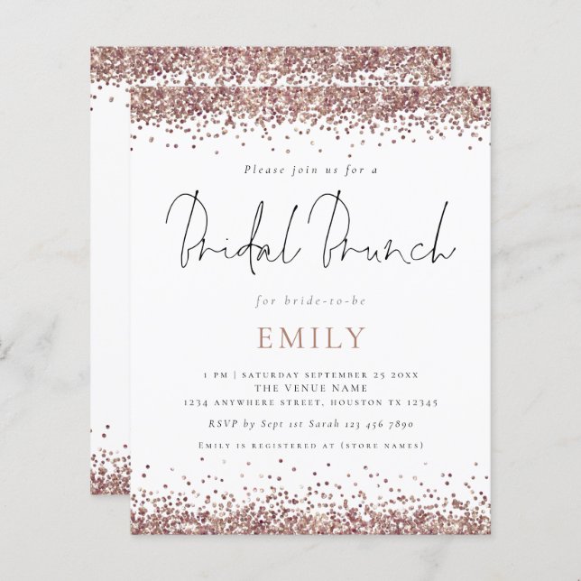 Budget Rose Gold Glitter Bridal Brunch Invitation (Front/Back)