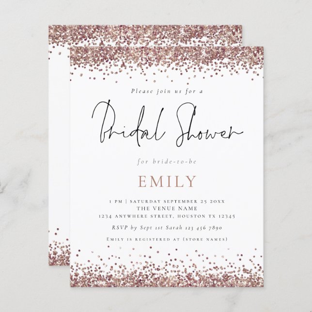 Budget Rose Gold Glitter Bridal Shower Invitation (Front/Back)