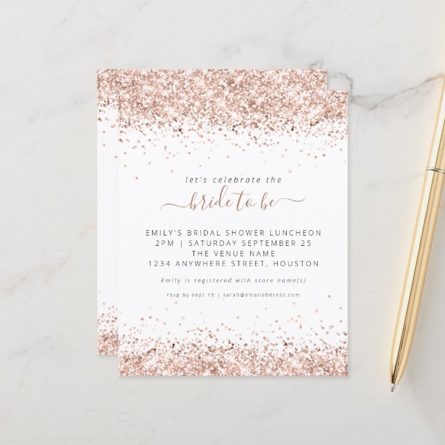Budget Rose Gold Glitter Bridal Shower Invitation (Front/Back In Situ)