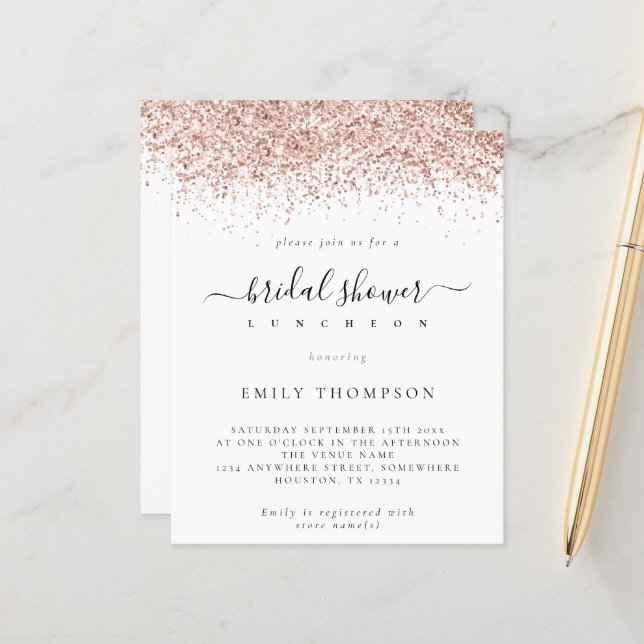 Budget Rose Gold Glitter Bridal Shower Invitation (Front/Back In Situ)