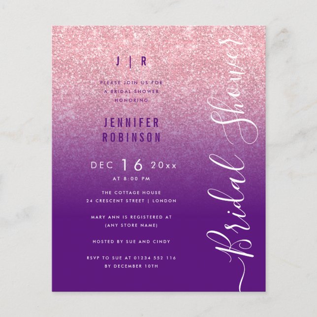 Budget Rose Gold Glitter Bridal Shower Purple (Front)