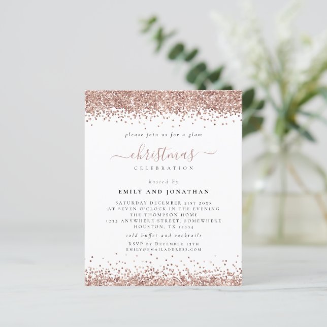 Budget Rose Gold Glitter Christmas Party Invite (Standing Front)
