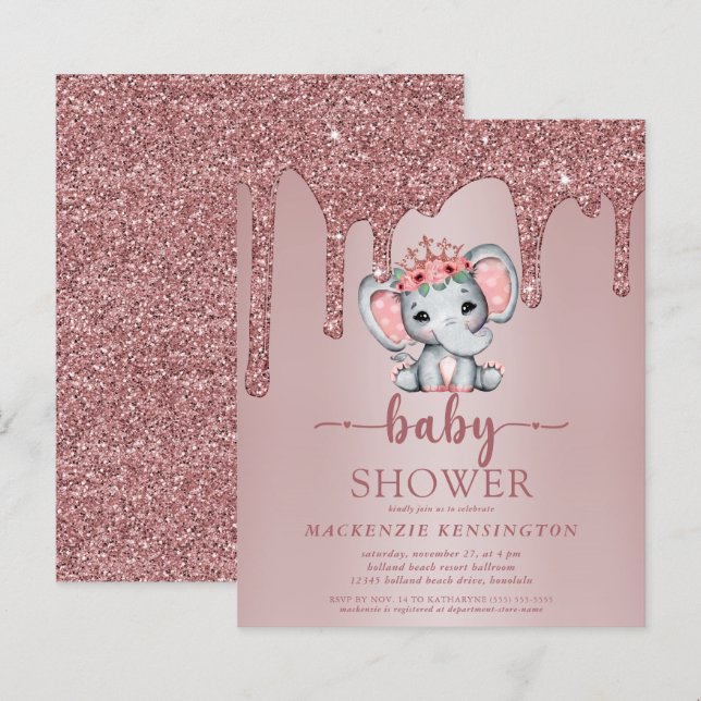 Budget Rose Gold Glitter Drips Elephant Baby Girl (Front/Back)