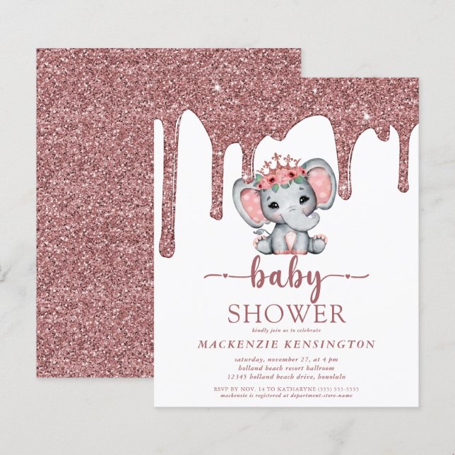 Budget Rose Gold Glitter Drips Elephant Girl Baby (Front/Back)