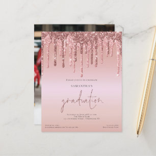 Budget Rose Gold Glitter Drips Photo Grad Invite