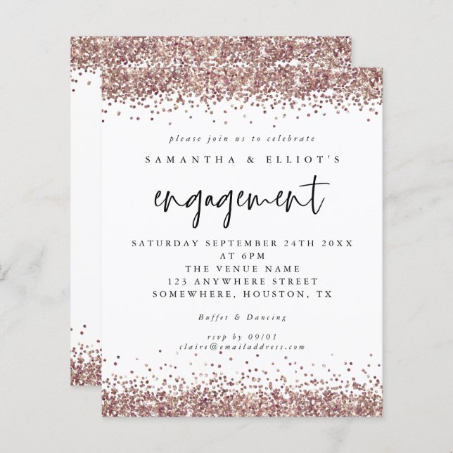 Budget Rose Gold Glitter Engagement White Invite (Front/Back)