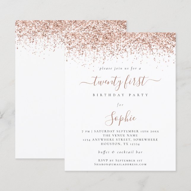 Budget Rose Gold Glitter Girly 21st Party Invite (Front/Back)