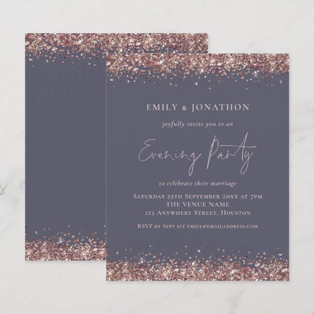 BUDGET Rose Gold Glitter Grey Evening Invitation (Front/Back)