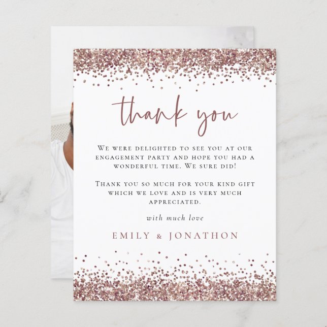 Budget Rose Gold Glitter Photo Engagement Thanks (Front/Back)