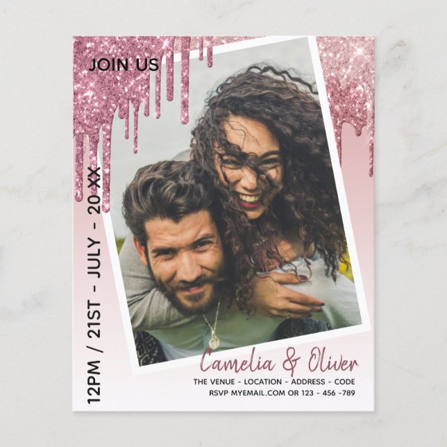 BUDGET Rose Gold Glitter PHOTO Save Date Wedding Flyer (Front)