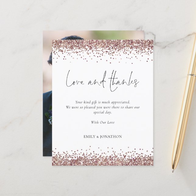 Budget Rose Gold Glitter Photo Wedding Love Thanks (Front/Back In Situ)