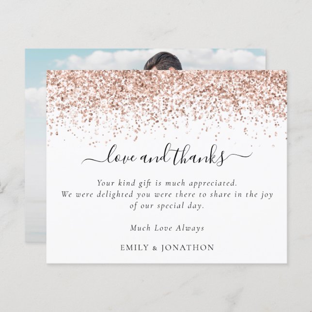 Budget Rose Gold Glitter Photo Wedding Thank You (Front/Back)