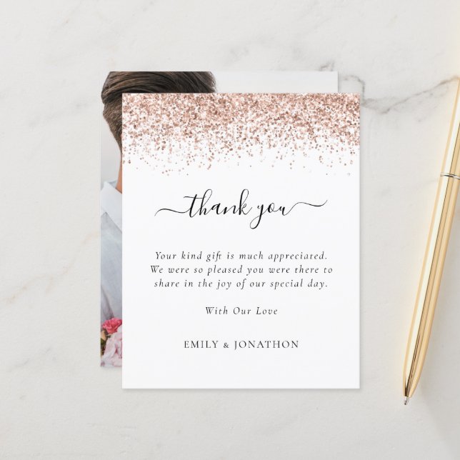Budget Rose Gold Glitter Photo Wedding Thank You (Front/Back In Situ)