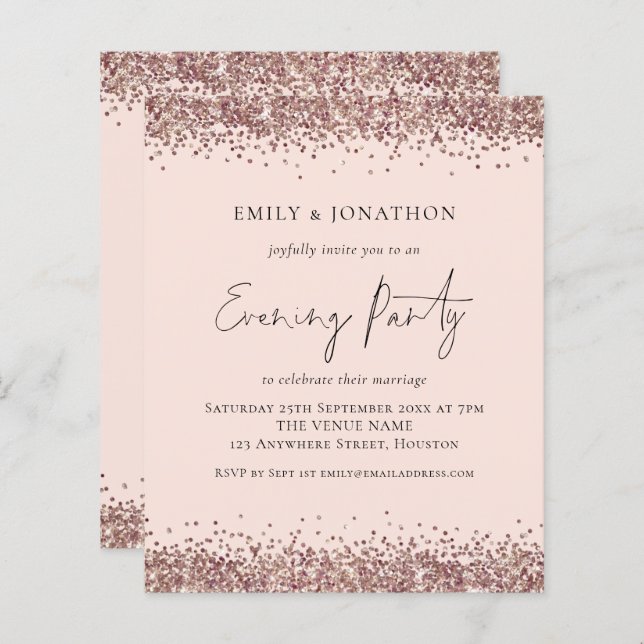BUDGET Rose Gold Glitter Pink Evening Invitation (Front/Back)