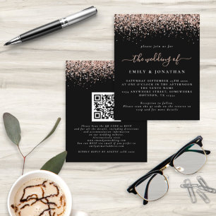 Budget Rose Gold Glitter QR Black Wedding Invite