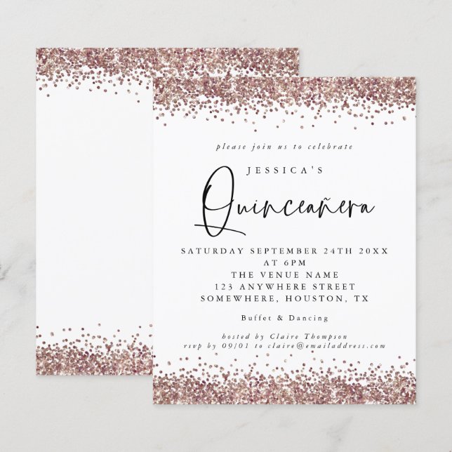 Budget Rose Gold Glitter  Quinceanera Invitation (Front/Back)