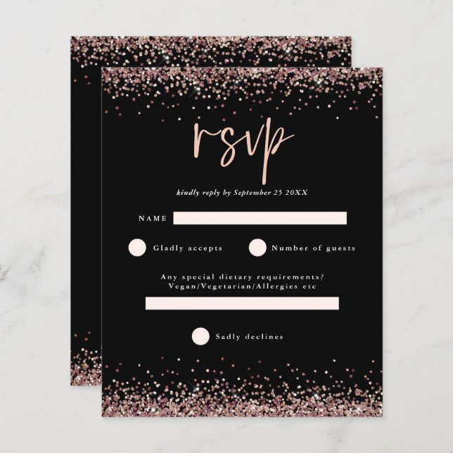 Budget Rose Gold Glitter Script Black  RSVP (Front/Back)