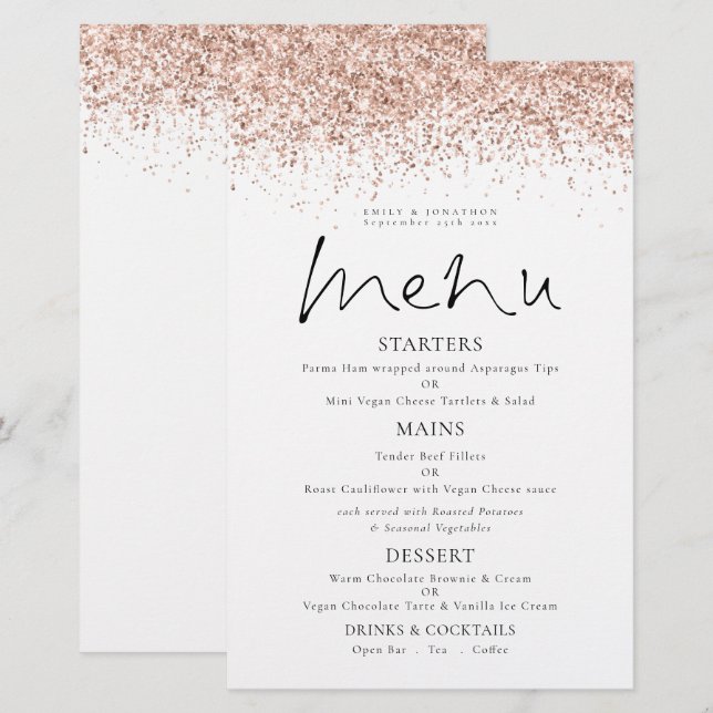 Budget Rose Gold Glitter Script Wedding Menu (Front/Back)