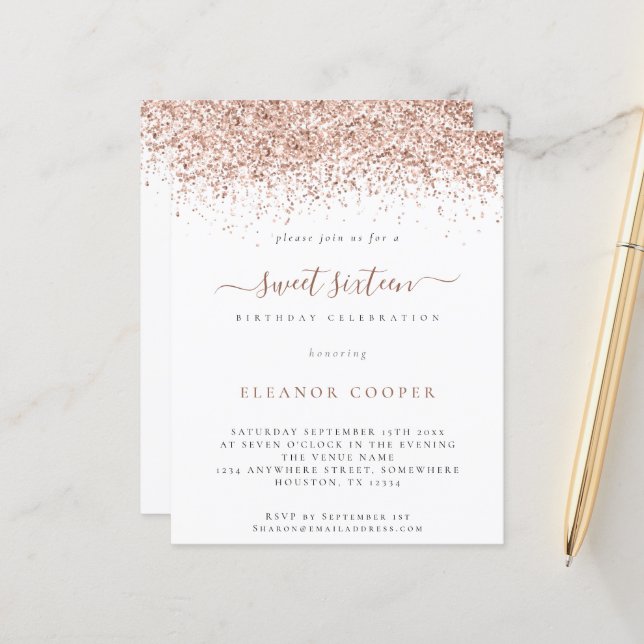 Budget Rose Gold Glitter Sweet 16 Glam Invitation (Front/Back In Situ)