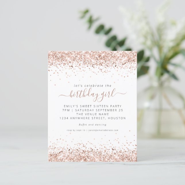 Budget Rose Gold Glitter Sweet 16 Party Invitation (Standing Front)