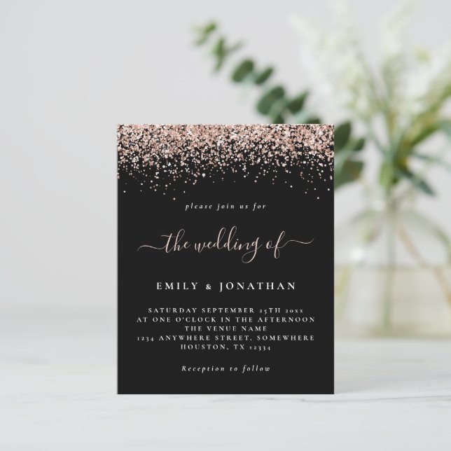 Budget Rose Gold Glitter Wedding Black Invite (Standing Front)