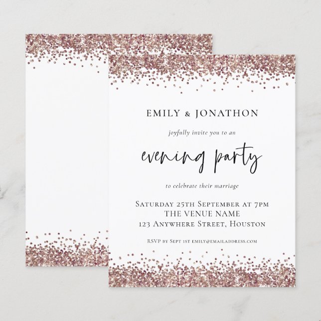 BUDGET Rose Gold Glitter Wedding Evening Invite (Front/Back)