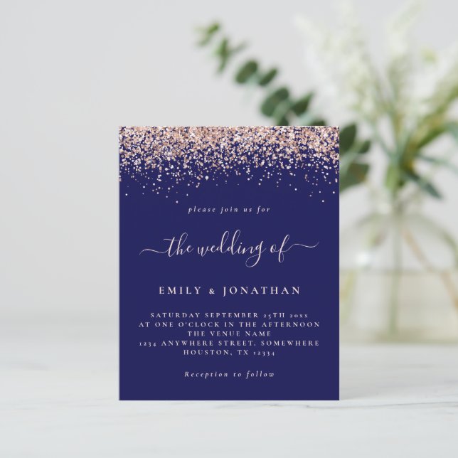 Budget Rose Gold Glitter Wedding Navy Blush Invite (Standing Front)