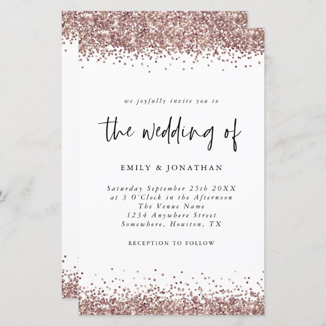 Budget Rose Gold Glitter Wedding White  Invitation (Front/Back)