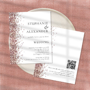 Budget Rose Gold Glitter White QR Wedding Invite