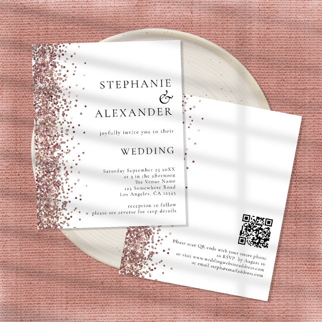 Budget Rose Gold Glitter White QR Wedding Invite (Creator Uploaded)